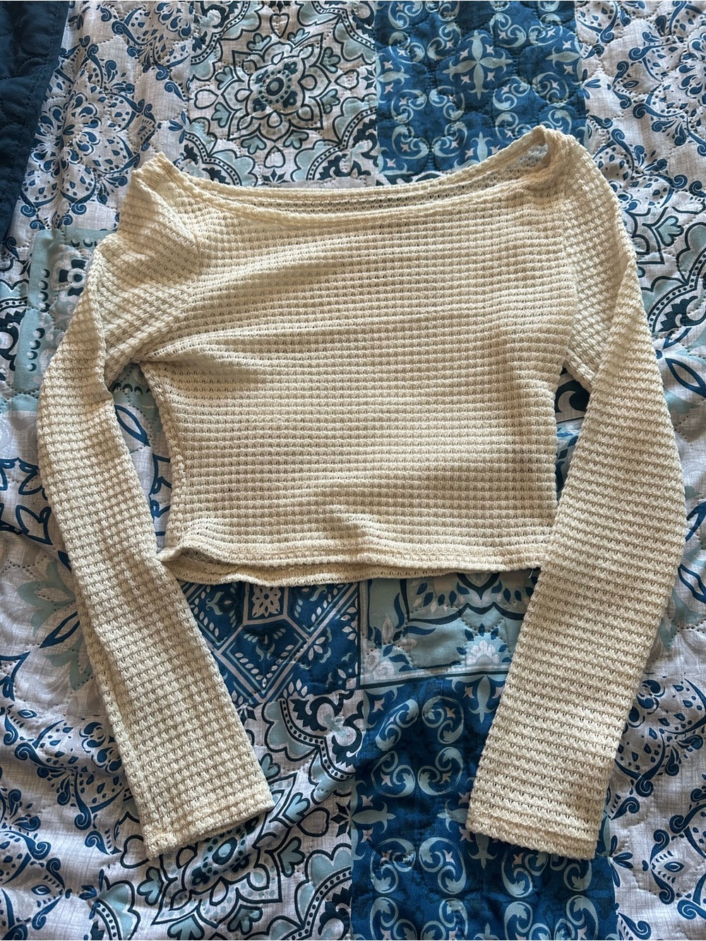 Cream Waffle Knit Long Sleeve Crop Top